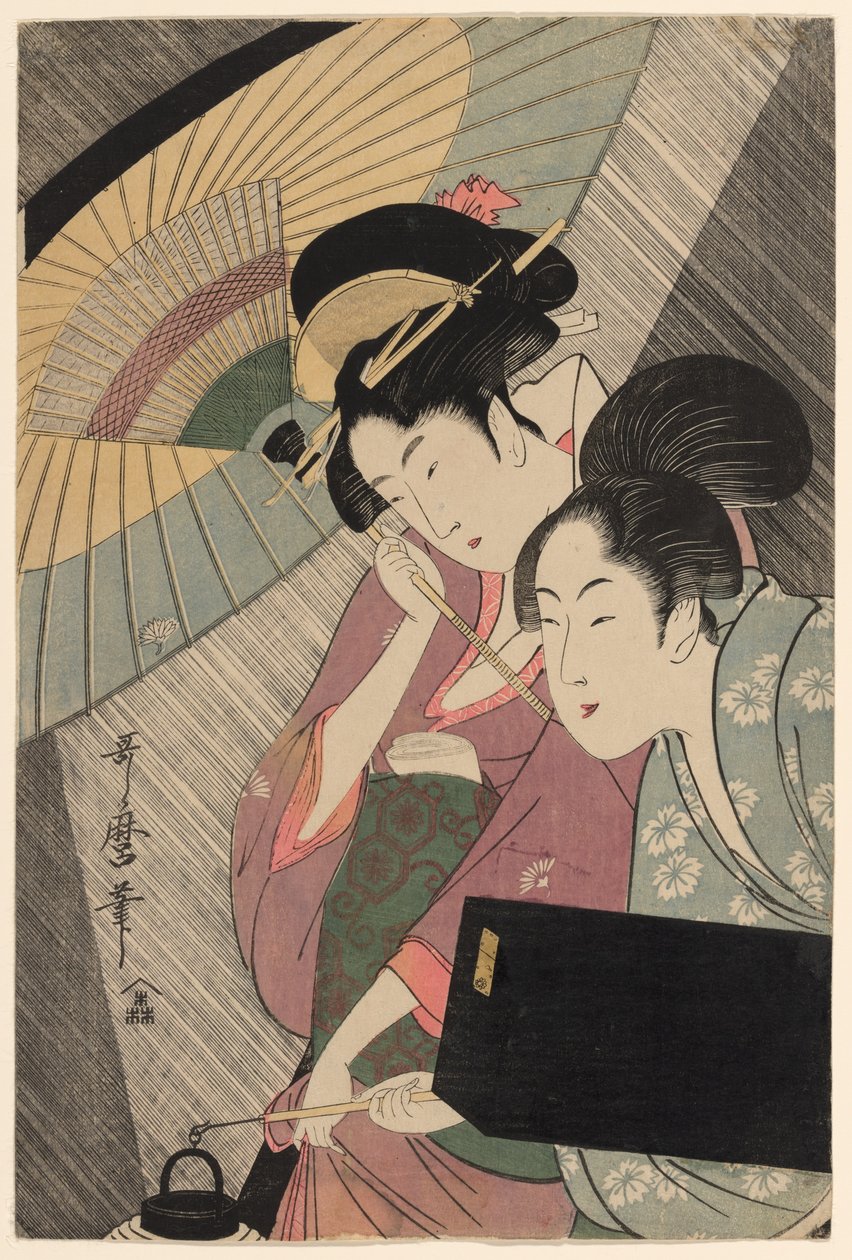 Gejsza i pomocnik w deszczową noc autorstwa Kitagawa Utamaro