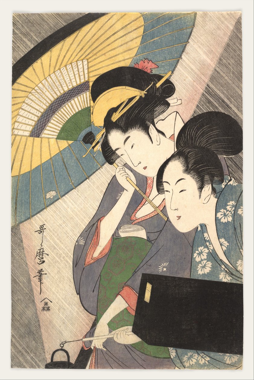 Gejsza i jej asystentka w deszczową noc autorstwa Kitagawa Utamaro