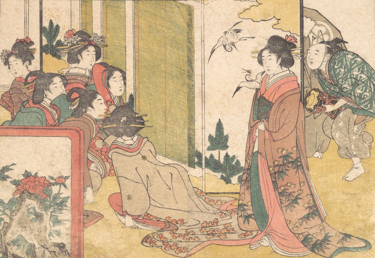 Dziewczyny zabawiane przez performerów, z ilustrowanej książki Kwiaty czterech pór roku, 1801. autorstwa Kitagawa Utamaro