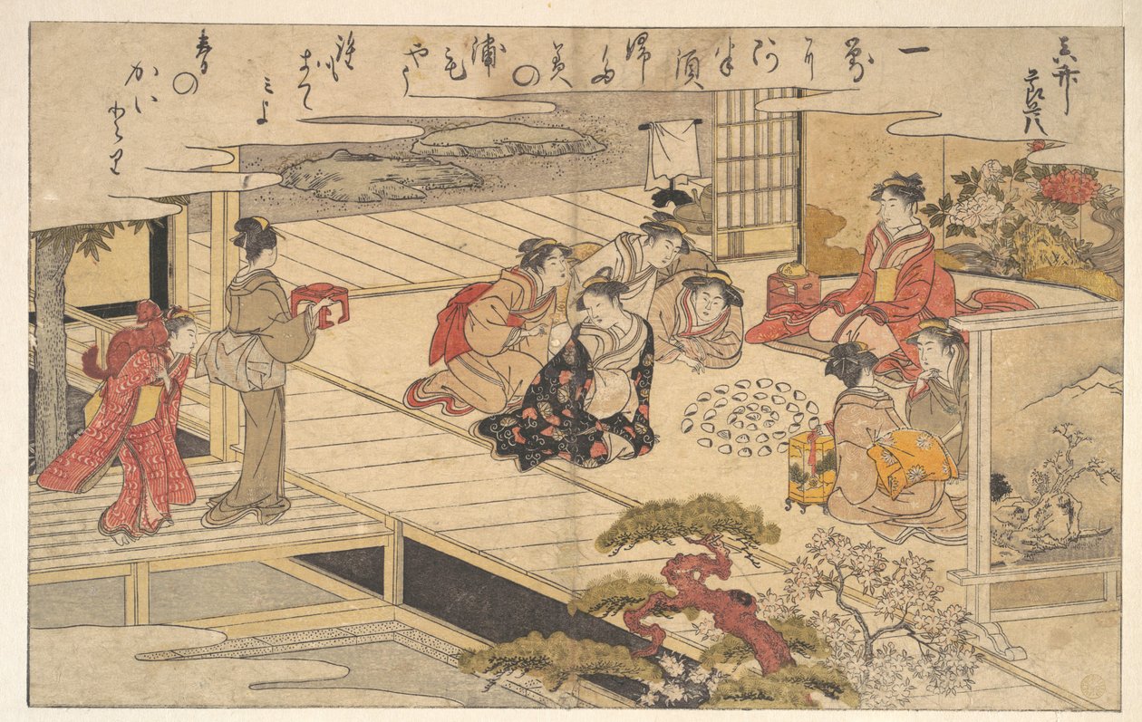 Dziewczynki bawiące się muszelkami autorstwa Kitagawa Utamaro