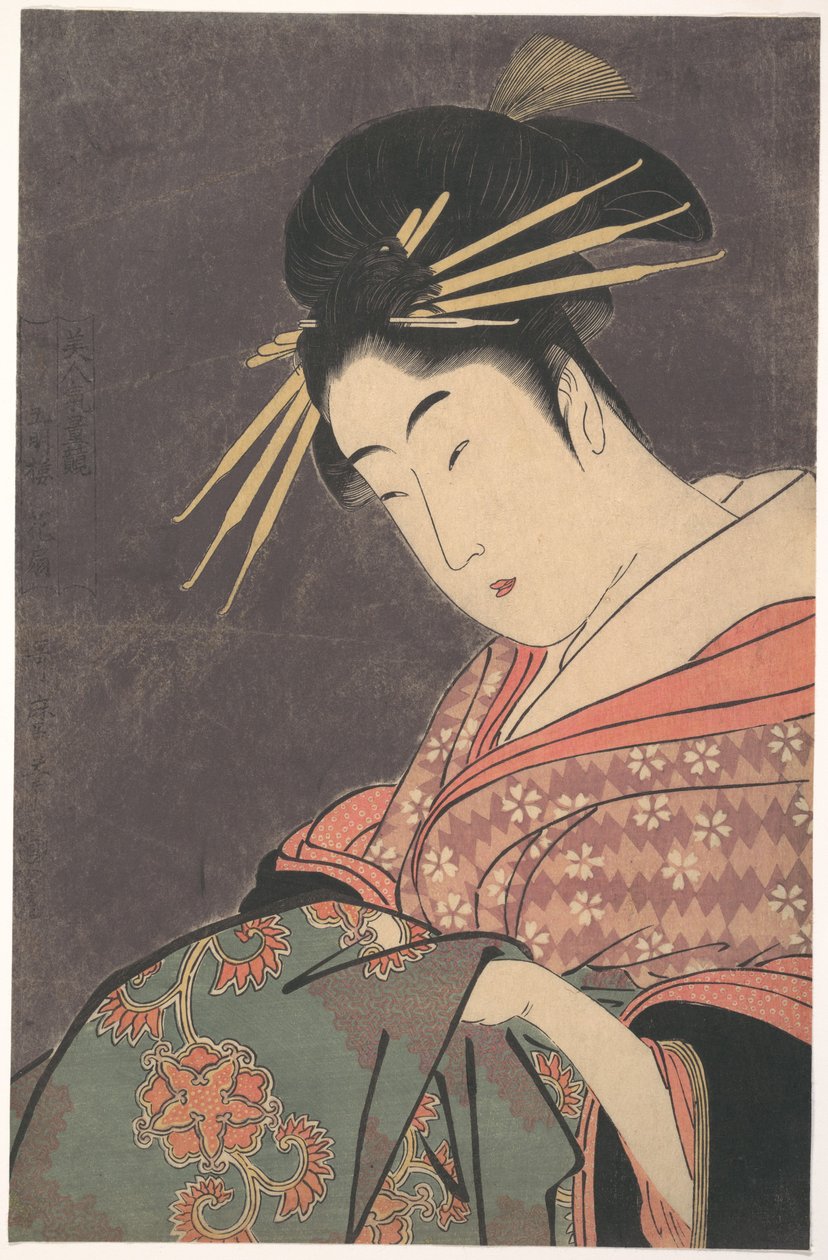 „Hanaōgi z Gomeirō”, z serii Porównanie wdzięków piękności (Bijin kiryō kurabe: Gomeirō Hanaōgi) autorstwa Kitagawa Utamaro