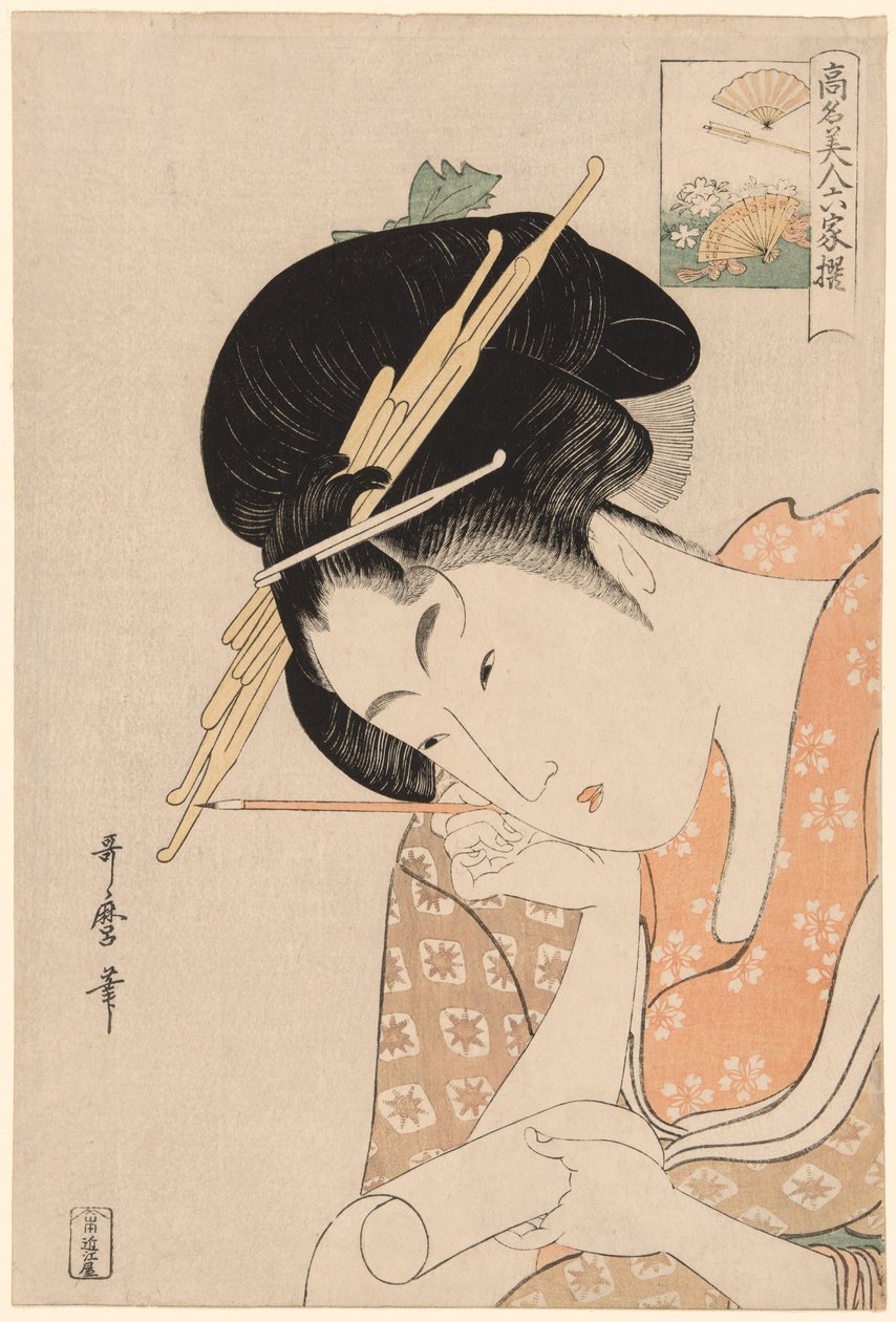 Hanaogi z Ogiya, z serii „Słynne piękności porównywane do sześciu nieśmiertelnych poetów (Komei bijin rokkasen)” autorstwa Kitagawa Utamaro