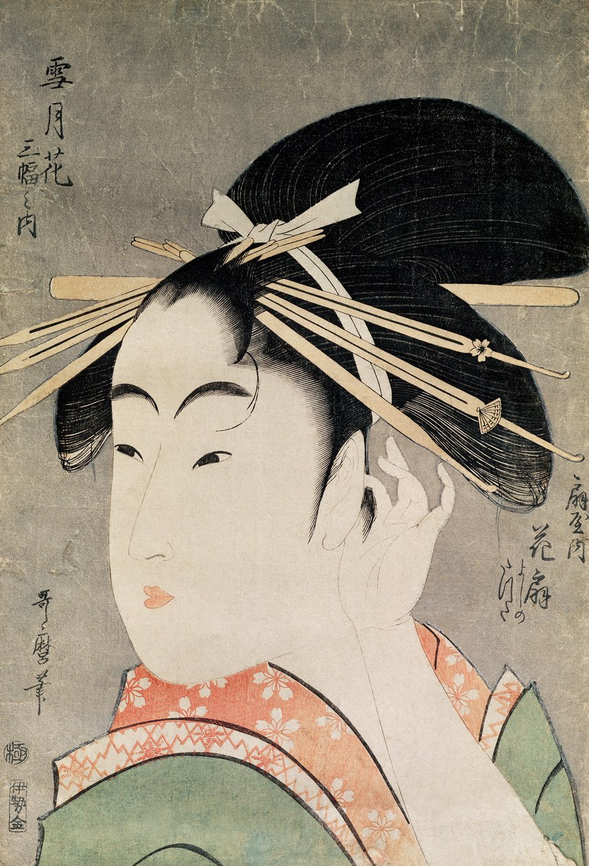 Głowa kobiety (kolorowy drzeworyt) autorstwa Kitagawa Utamaro