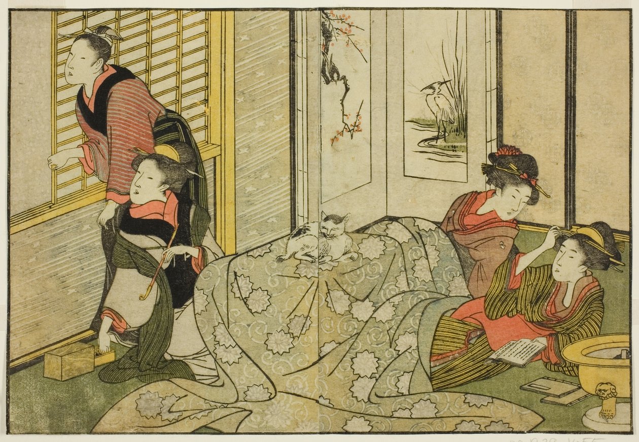 Scena wewnętrzna w śnieżny dzień, z ilustrowanej książki „Obrazówka: Kwiaty czterech pór roku (Ehon shiki no hana),” tom. 2 autorstwa Kitagawa Utamaro