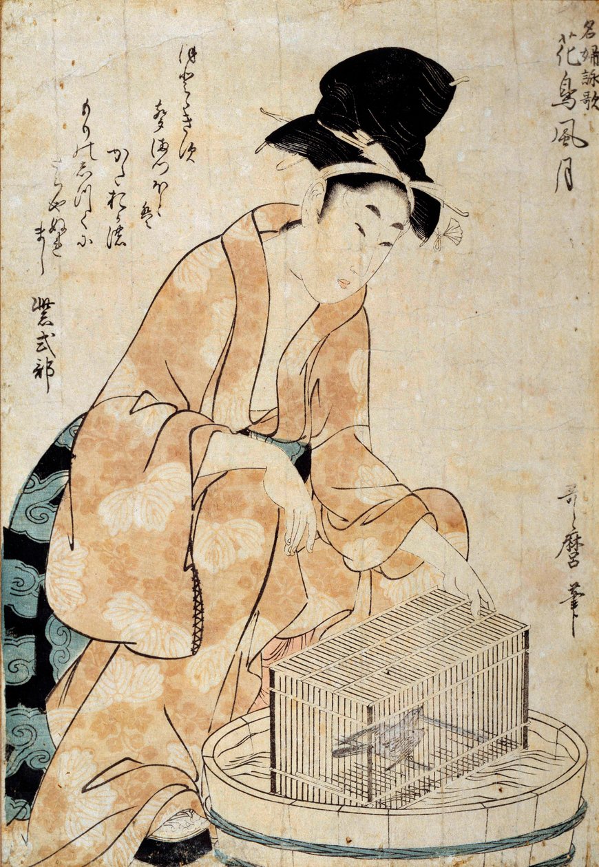 Sztuka japońska: kobieta siedząca przed klatką dla ptaków. Rysunek Outamaro (Utamaro) Kitagawa (1753-1806) XVIII-wieczne Rennes, Musee des Beaux Arts autorstwa Kitagawa Utamaro