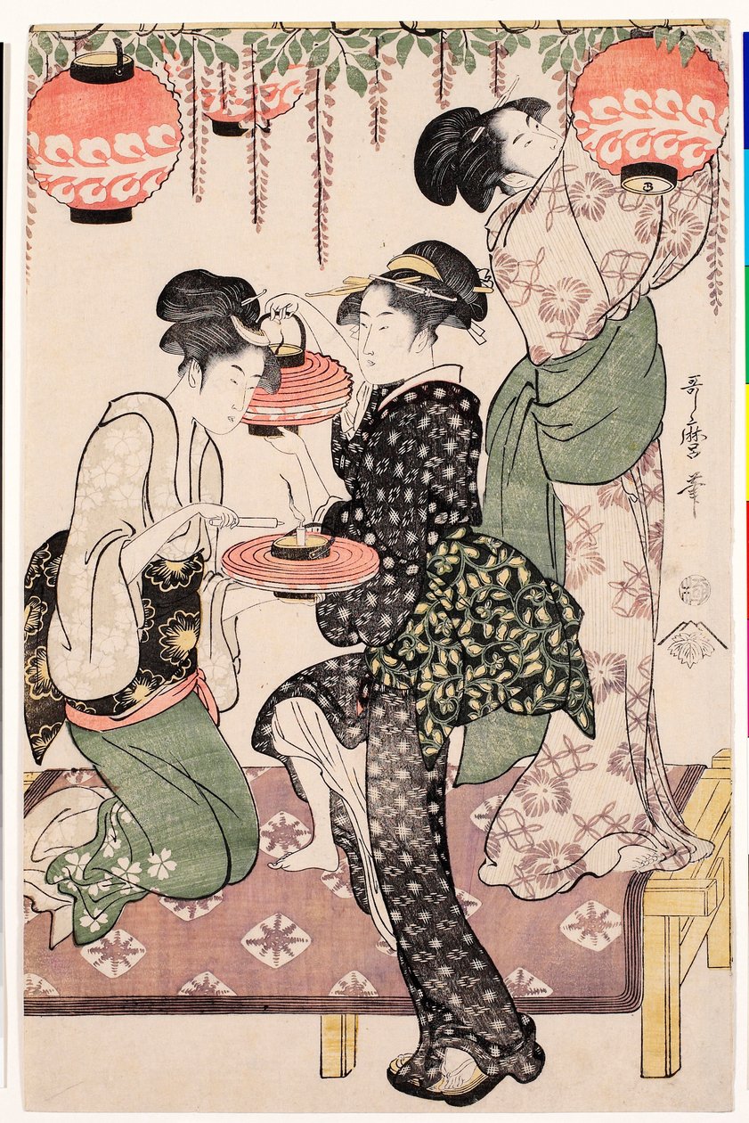 Młode dziewczyny z japońskiej herbaciarni wiszące lampiony z espaliera z wisterii - Grafika Kitagawa Utamaro (1753-1806), ok. 1795, linoryt - Herbaciarnie dziewczęta pod espalierem wisterii - Kolorowy linoryt autorstwa Kitagawy Utamaro (1753-1806) , ca1 autorstwa Kitagawa Utamaro