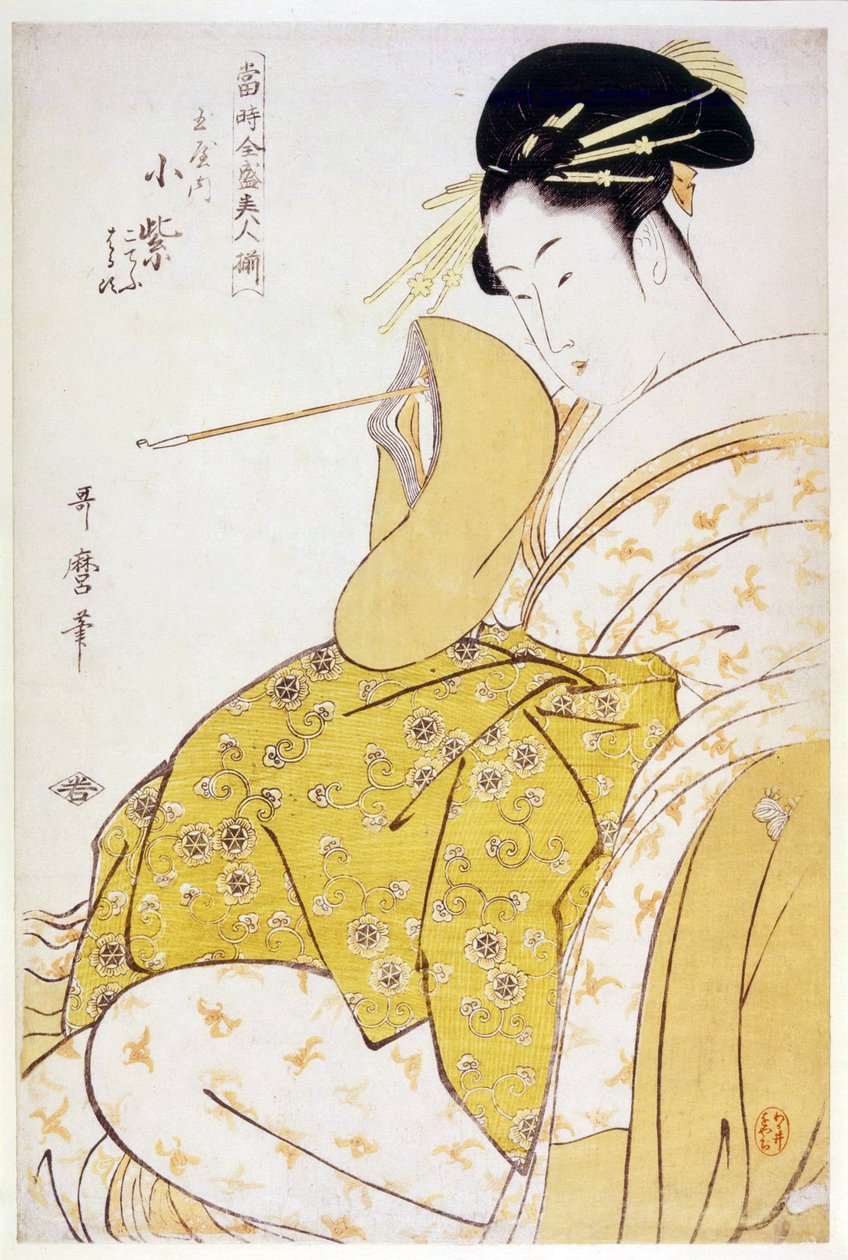 Komurasaki z Tamaya House - Komurasaki z Tamaya by Utamaro, Kitagawa (1753-1806), ok. 1794 - Kolorowy drzeworyt, 38,4x25,2 - Kolekcja prywatna autorstwa Kitagawa Utamaro