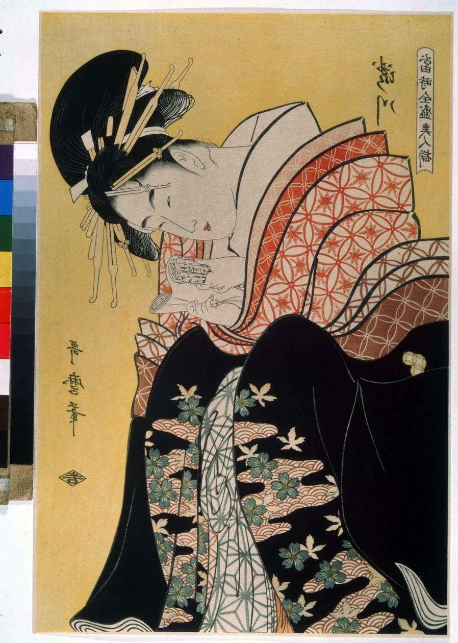 Piękny Takigawa z Ogi Tea House. W serii Słynne współczesne piękności (słynne piękno naszych czasów). Rysunek Kitagawy Utamaro (1754-1806). Mocna woda autorstwa Kitagawa Utamaro