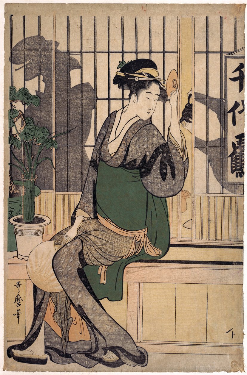 La maison de the Chiyozuru (cienie na shoji, papierowa ściana) - Herbaciarnia Chiyozuru (Cienie na Shoji) autorstwa Utamaro, Kitagawa (1753-1806) autorstwa Kitagawa Utamaro