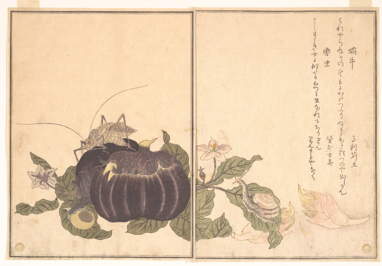Ślimak lądowy (Katatsumuri); olbrzymi pasikonik (Kutsuwamushi), z ilustrowanej księgi pełzających stworzeń (Ehon mushi erami) autorstwa Kitagawa Utamaro