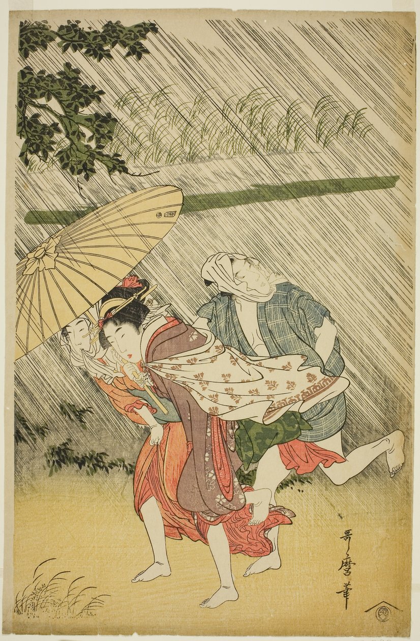 Влюбленные под зонтиком, c.1797 (цветная гравюра на дереве; обан) autorstwa Kitagawa Utamaro