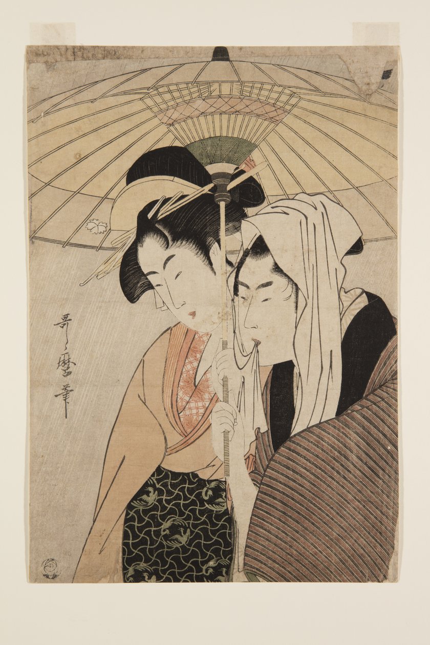 Mężczyzna i kobieta pod parasolem (kolorowy drzeworyt) autorstwa Kitagawa Utamaro