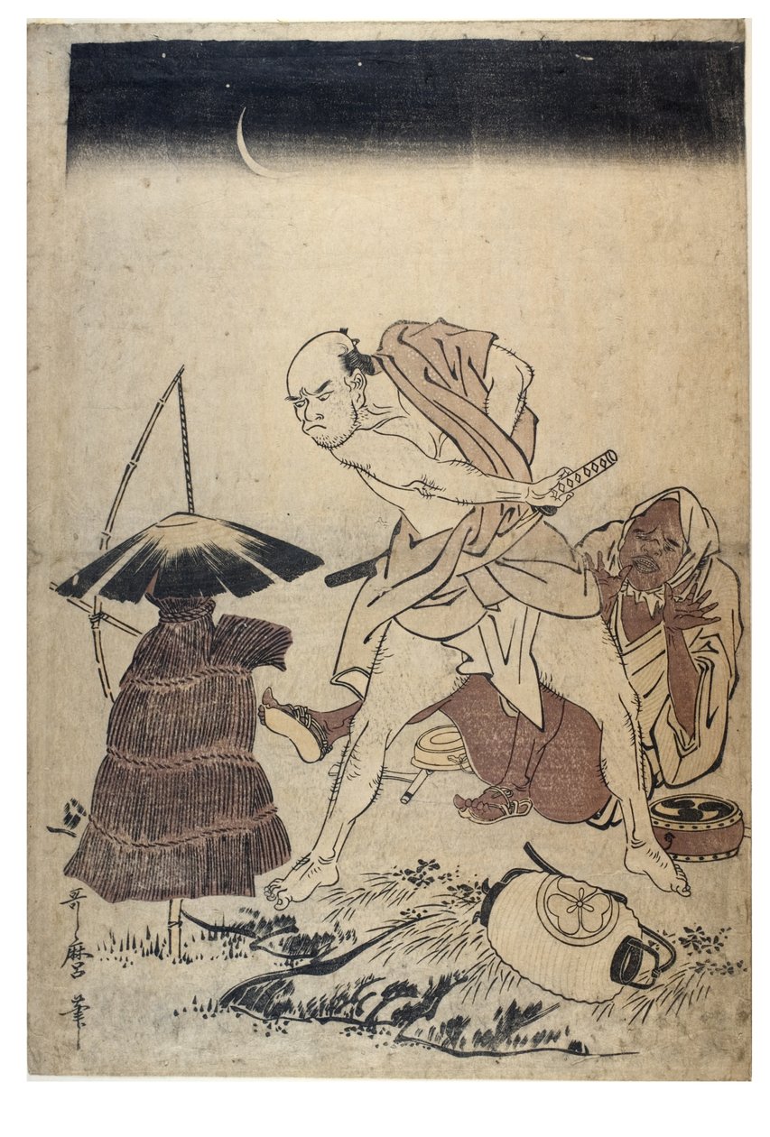 Mężczyzna grozi strachowi na wróble w ciemną noc, ok. 1758-1806 (drewnodruk bez papieru) autorstwa Kitagawa Utamaro