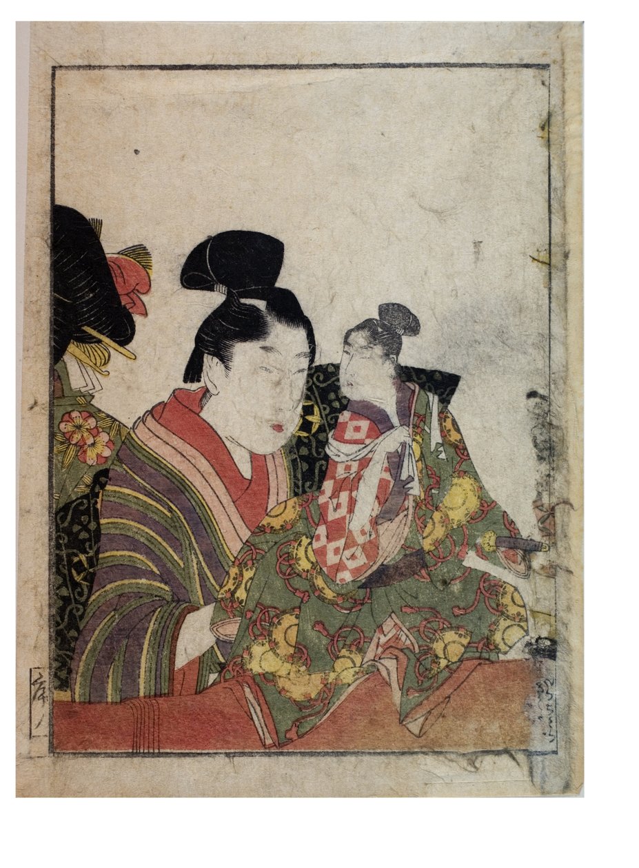 Sceny marionetek z manipulatorami płci męskiej i żeńskiej, ok. 1930 r. 1758-1806 (drewnodruk na papierze) autorstwa Kitagawa Utamaro