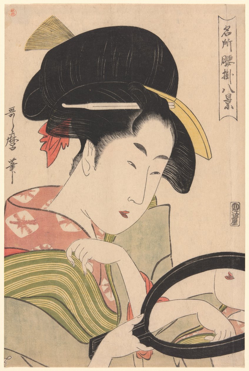 Lustro z serii „Osiem widoków straganów z herbatą w celebrowanych miejscach” („Meisho koshikake hakkei”) autorstwa Kitagawa Utamaro