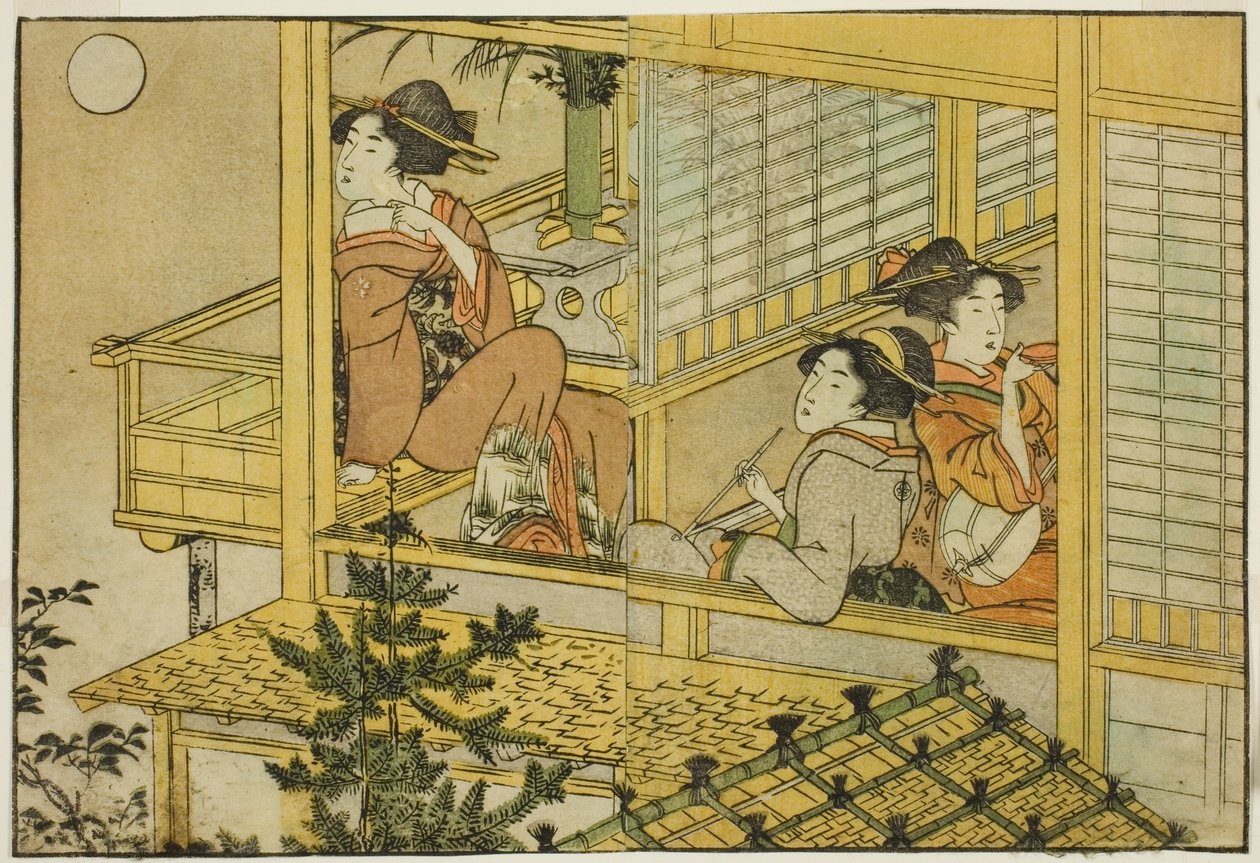 Moon-Viewing Party, z ilustrowanej książki „Picture Book: Flowers of the Four Seasons (Ehon shiki no hana)”, tom. 2 autorstwa Kitagawa Utamaro