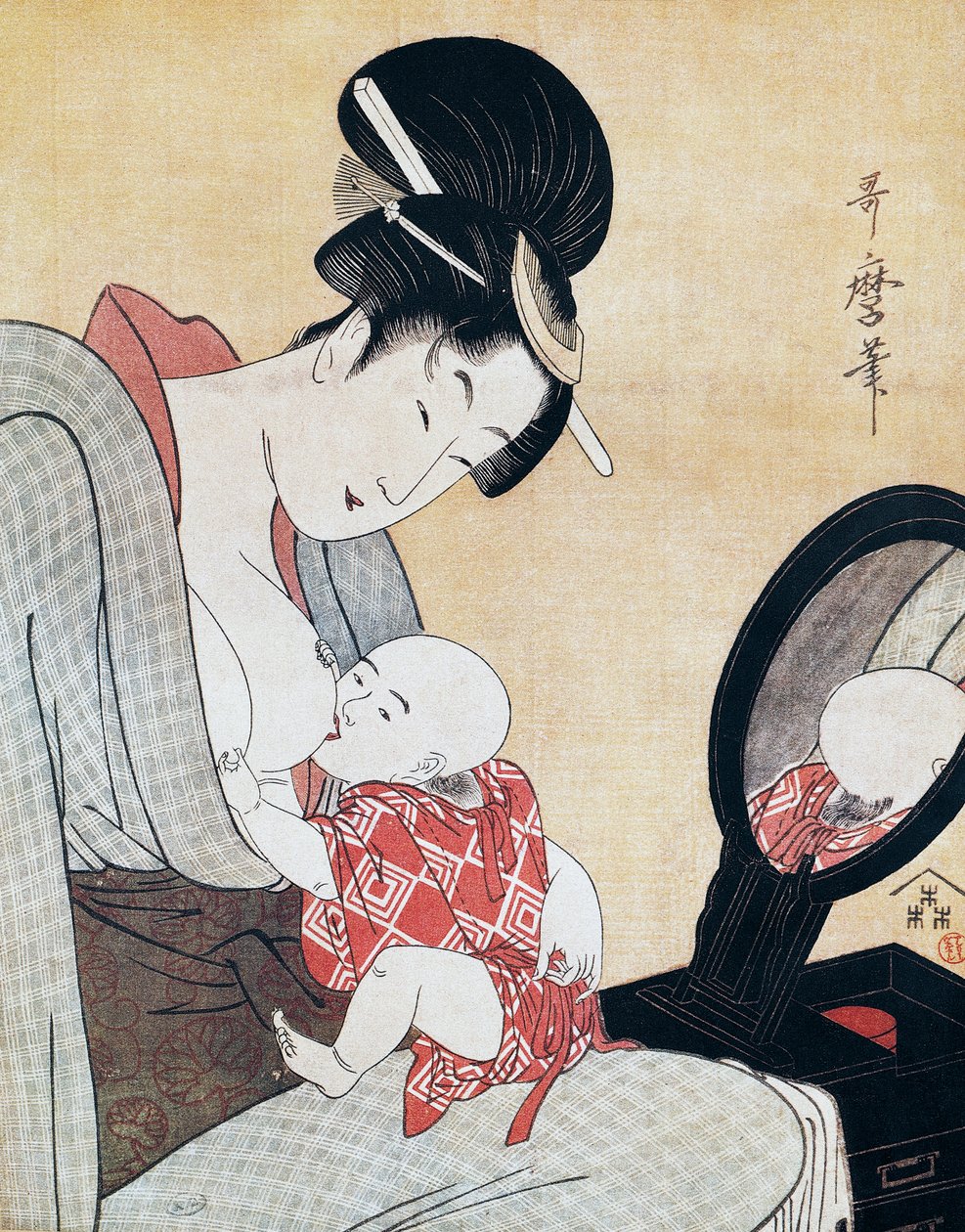 Matka karmiąca syna piersią, grafika ukiyo-e autorstwa Kitagawy Utamaro (1753-1806), drzeworyt, cywilizacja japońska, okres Edo autorstwa Kitagawa Utamaro