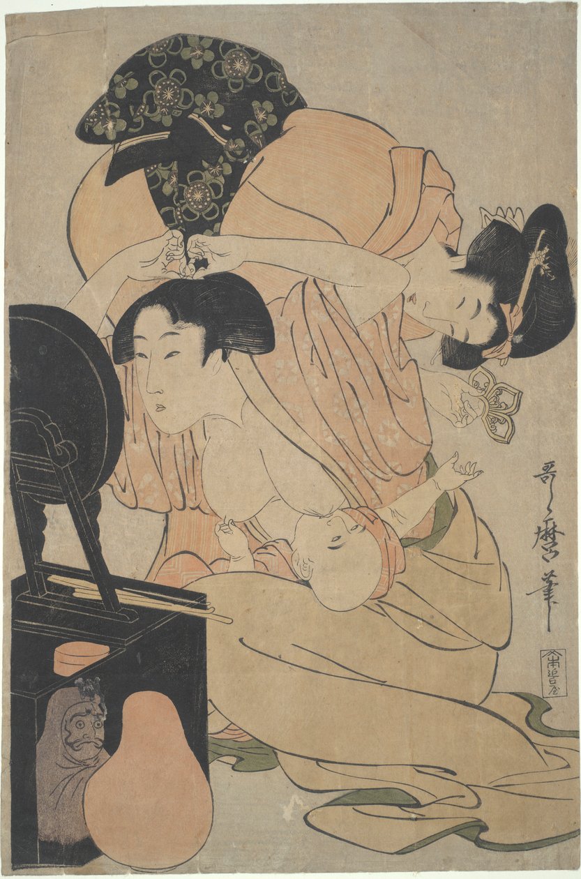 Matka z karmiącym dzieckiem i opiekunem autorstwa Kitagawa Utamaro