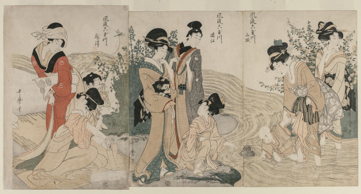 Musashi, Omi, Yamashiro, Idea d Settsu P Lovinse z Te Serie s Fasio na Be six Jewer Rivers (No Furyu Tama River) autorstwa Kitagawa Utamaro