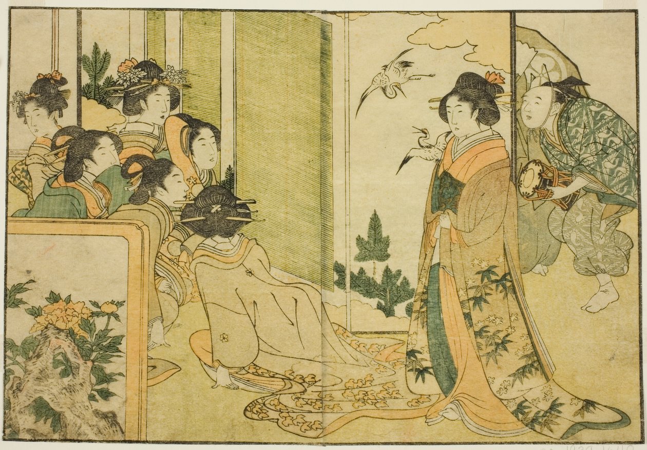 Noworoczny występ manzai w rezydencji feudalnego lorda, z ilustrowanej książki "Picture Book: Kwiaty czterech pór roku (Ehon shiki no hana)", tom 1. autorstwa Kitagawa Utamaro