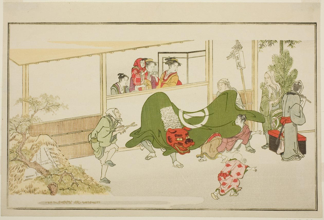 Noworoczni artyści uliczni, z ilustrowanej antologii kyoka „Młody Bóg Ebisu (Waka Ebisu)” autorstwa Kitagawa Utamaro