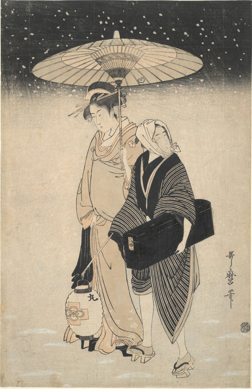 Nocna przepustka w śniegu autorstwa Kitagawa Utamaro