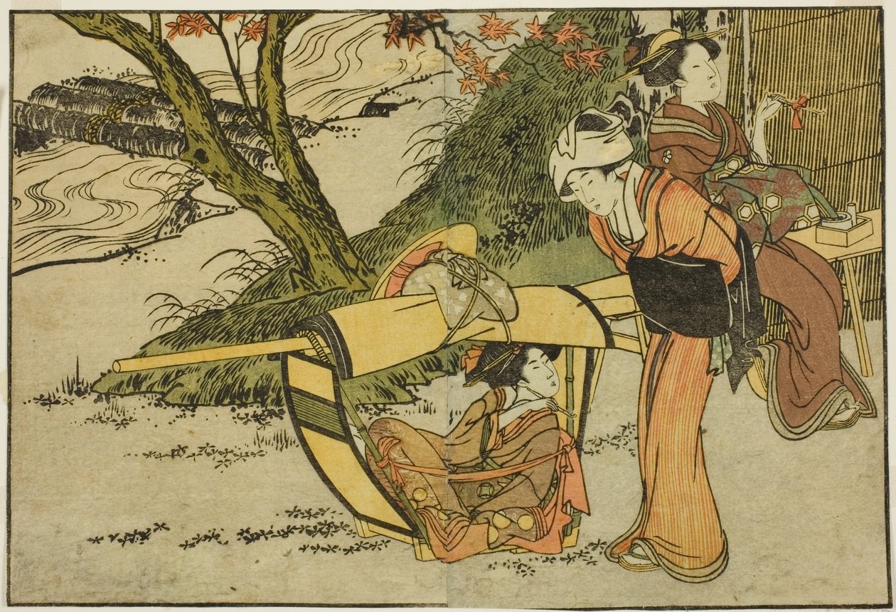 Jesienna wycieczka do oglądania klonów, z ilustrowanej książki „Picture Book: Flowers of the Four Seasons (Ehon shiki no hana)”, tom. 2 autorstwa Kitagawa Utamaro