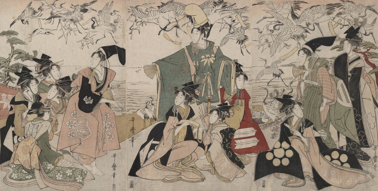 Parodia sceny „Yoritomo wypuszczający żurawie” (Mitate Yoritomo hōkaku) autorstwa Kitagawa Utamaro