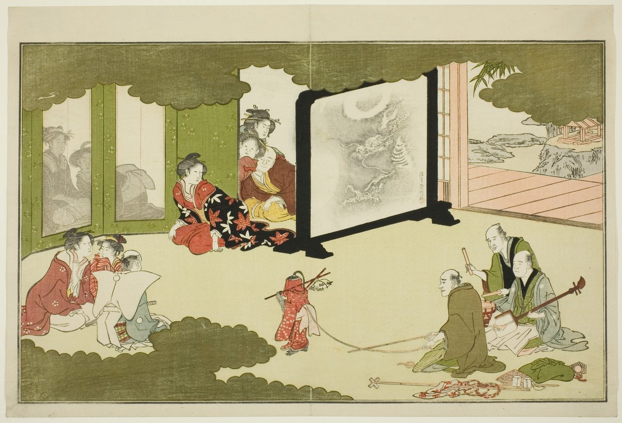 Spektakl Wytresowanej Małpy z ilustrowanej antologii poezji pt. „Młody Bóg Ebisu (Waka Ebisu)” autorstwa Kitagawa Utamaro
