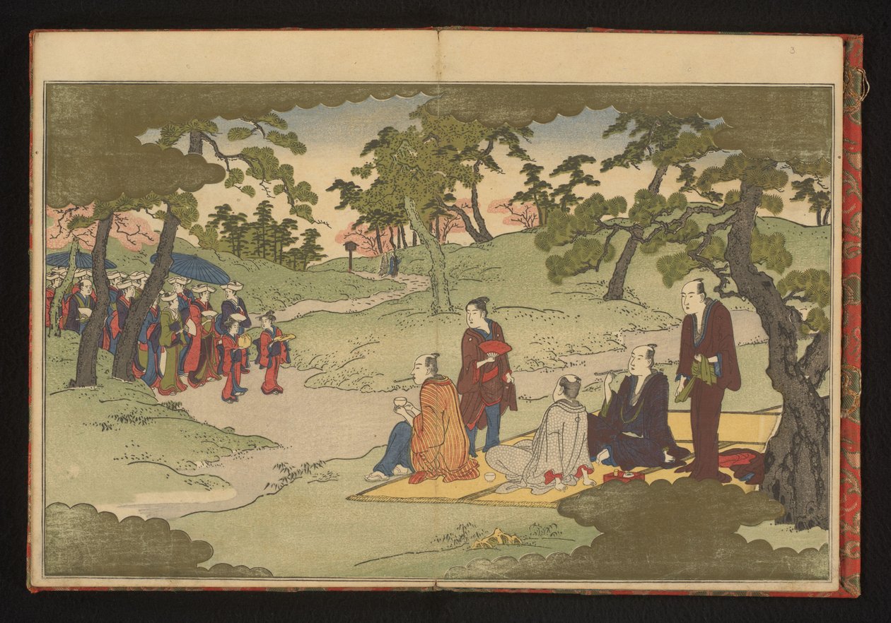 Piknikowanie i delektowanie się herbatą na wzgórzach w Ueno, Edo autorstwa Kitagawa Utamaro