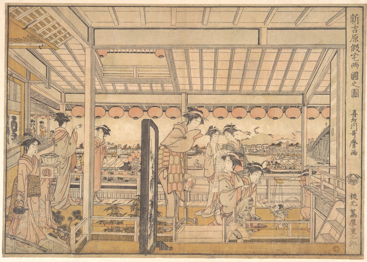 Ilustracja przedstawiająca tymczasowe kwatery w nowej dzielnicy rozrywki Yoshiwara w Ryōgoku  (Shin Yoshiwara Karitaku Ryogoku no zu) autorstwa Kitagawa Utamaro