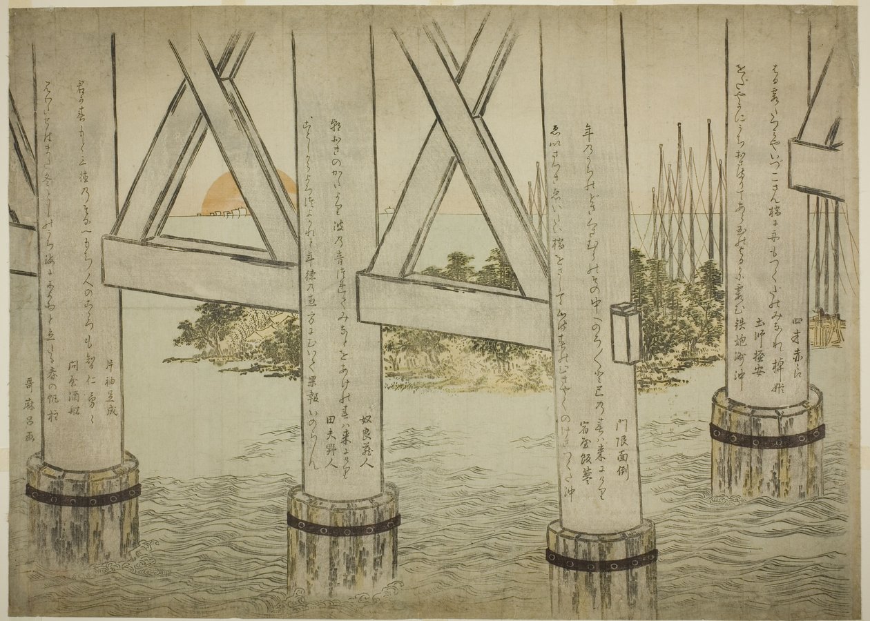 Pillars of Eitai Bridge autorstwa Kitagawa Utamaro