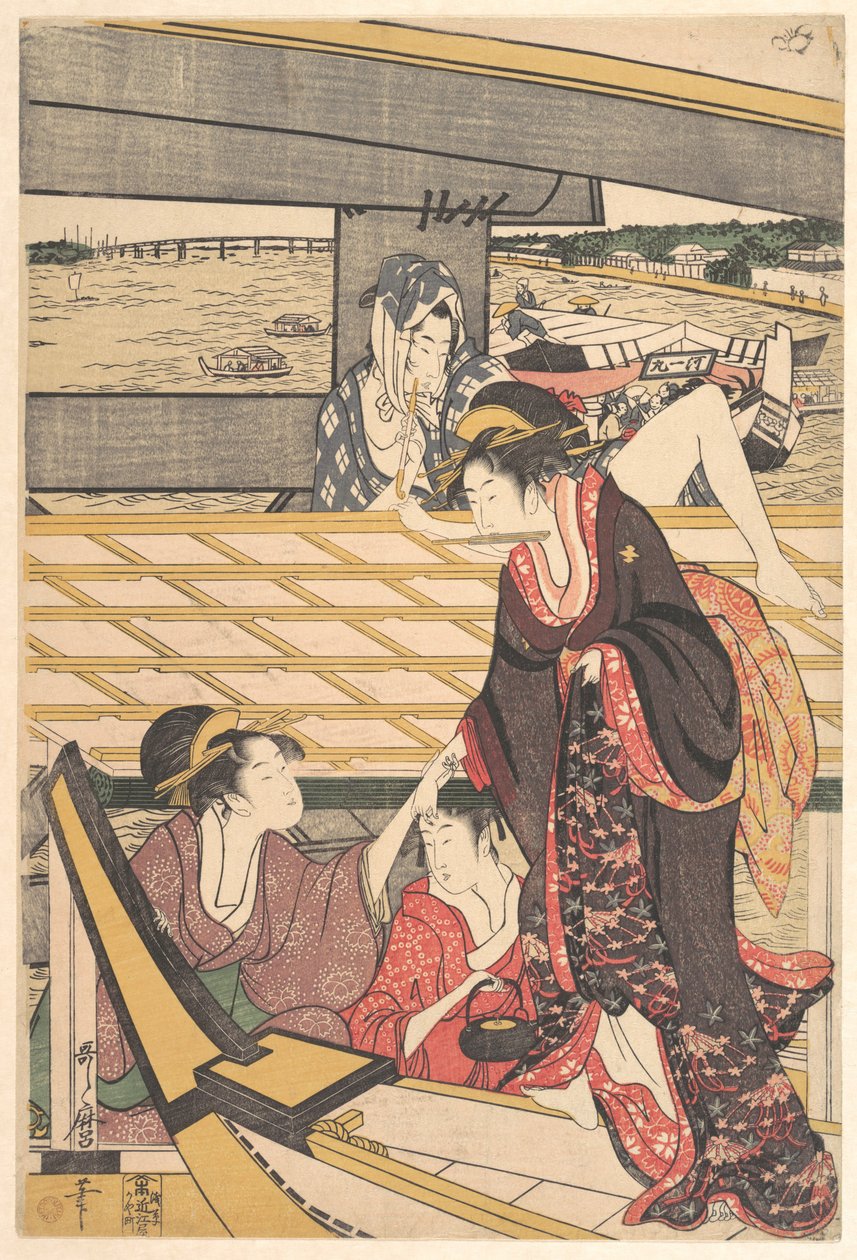 Towarzystwa rozrywkowe w łodziach na rzece Sumida pod mostem Ryōgoku autorstwa Kitagawa Utamaro