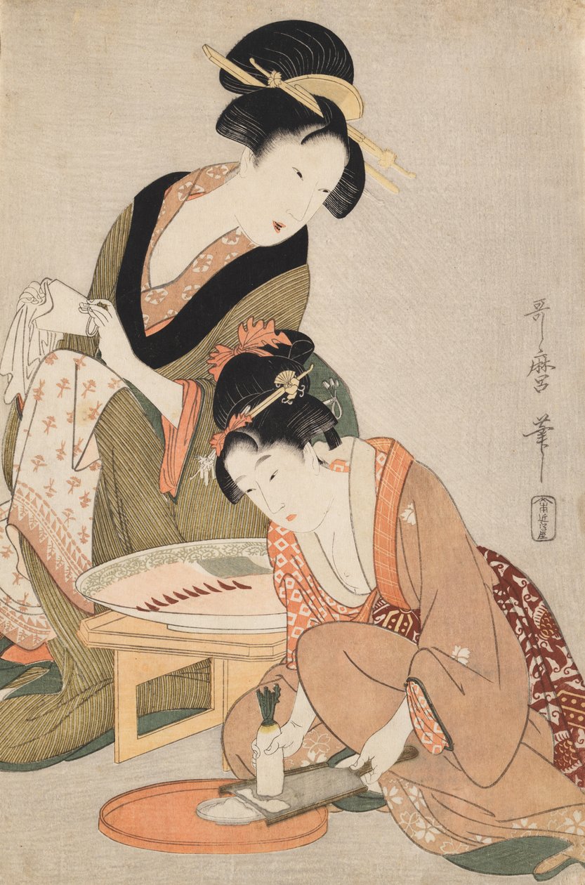 Przygotowywanie surowej ryby autorstwa Kitagawa Utamaro