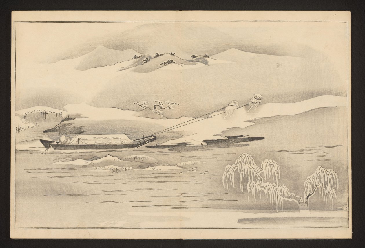 Ciągnięcie łodzi wzdłuż rzeki autorstwa Kitagawa Utamaro