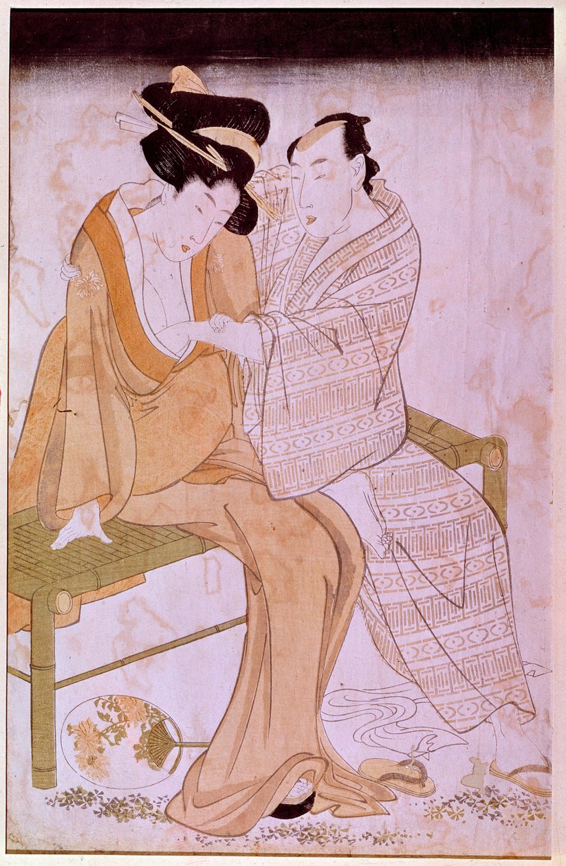 Przedstawienie japońskiej pary głaszczącej się na ławce. Ryciny Utamaro Kitagawy (1753-1806). Ciemny. 0,38x0,245m. Paryż, Muse Guimet, Narodowe Muzeum Sztuki Azjatyckiej autorstwa Kitagawa Utamaro