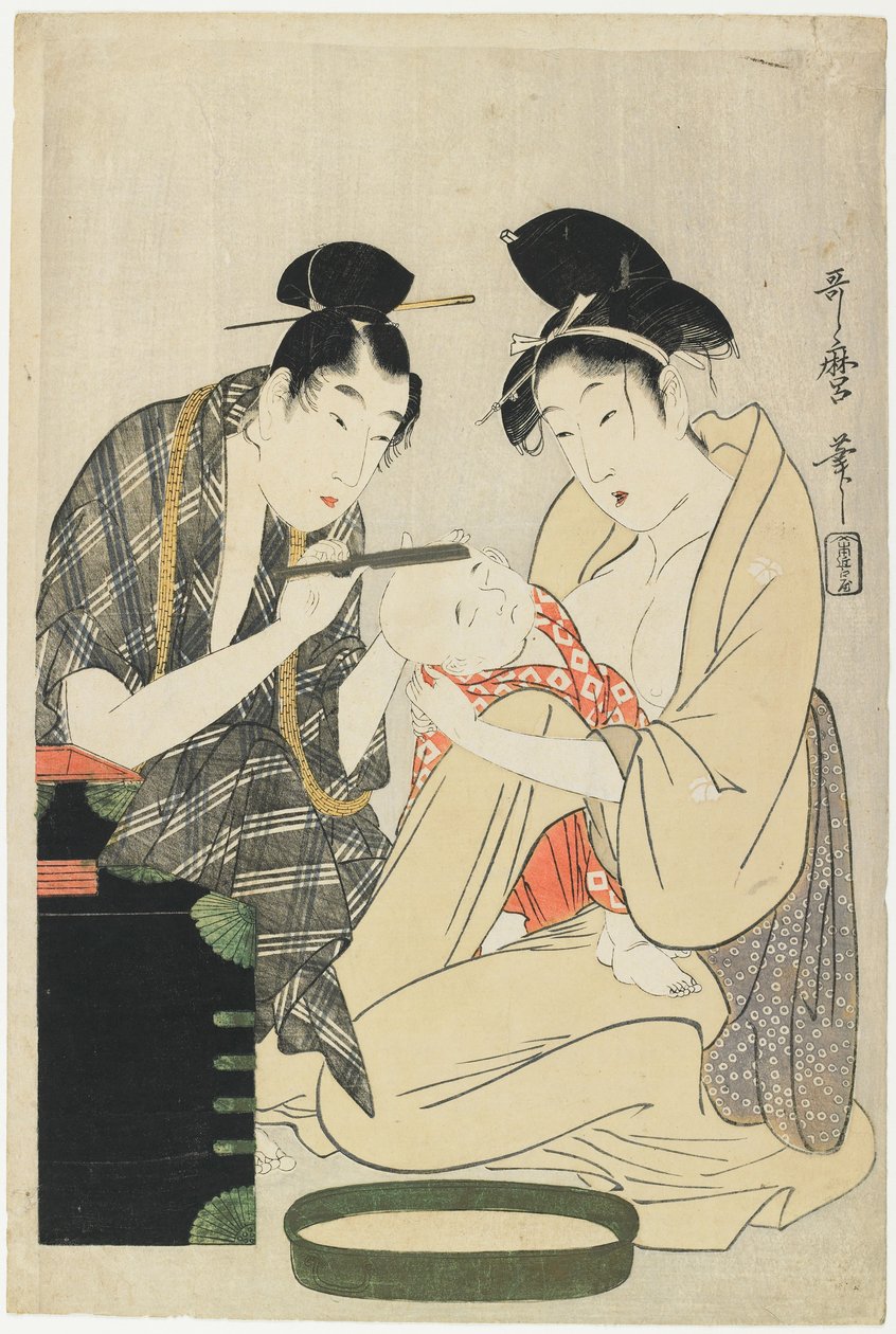 Golenie głowy chłopca, Edo Edo, ok. 1801 (kolorowy drzeworyt) autorstwa Kitagawa Utamaro