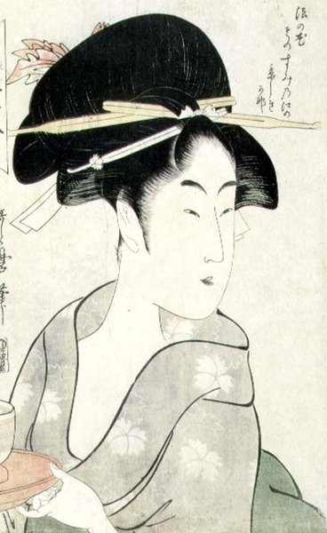 T H Riches 1913 Popiersie kobiety trzymającej filiżankę herbaty, z cyklu „Meisho Koshikake Hakkei” (drewnodruk) autorstwa Kitagawa Utamaro