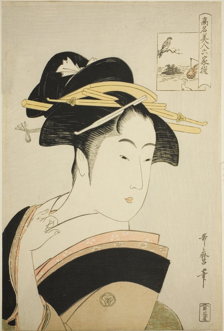 Takashima Ohisa, z serii „Słynne piękności porównywane do sześciu nieśmiertelnych poetów (Komei bijin rokkasen)” autorstwa Kitagawa Utamaro