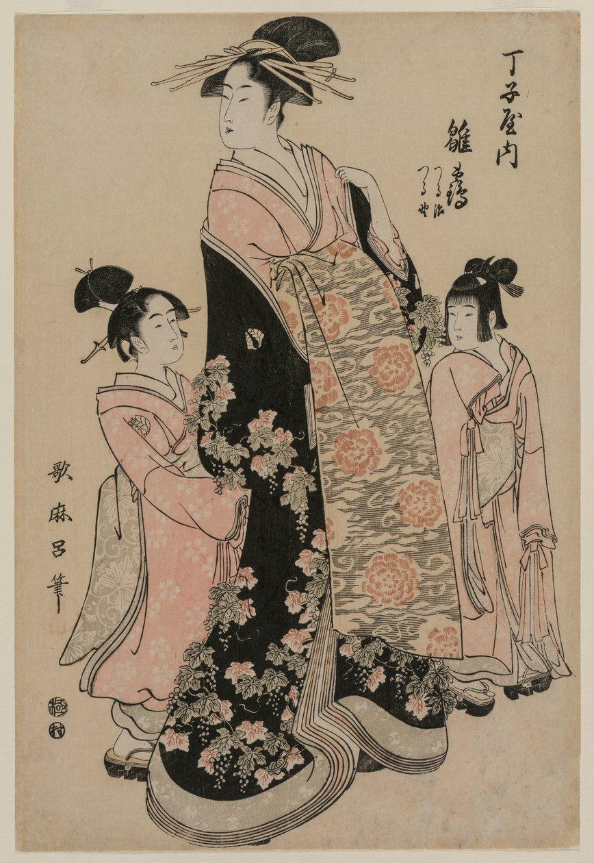 Kurtyzana Hinazuru z Chojiya wraz ze swymi opiekunami Tsuruji i Tsuruno, ok. 1930 r. 1794. autorstwa Kitagawa Utamaro