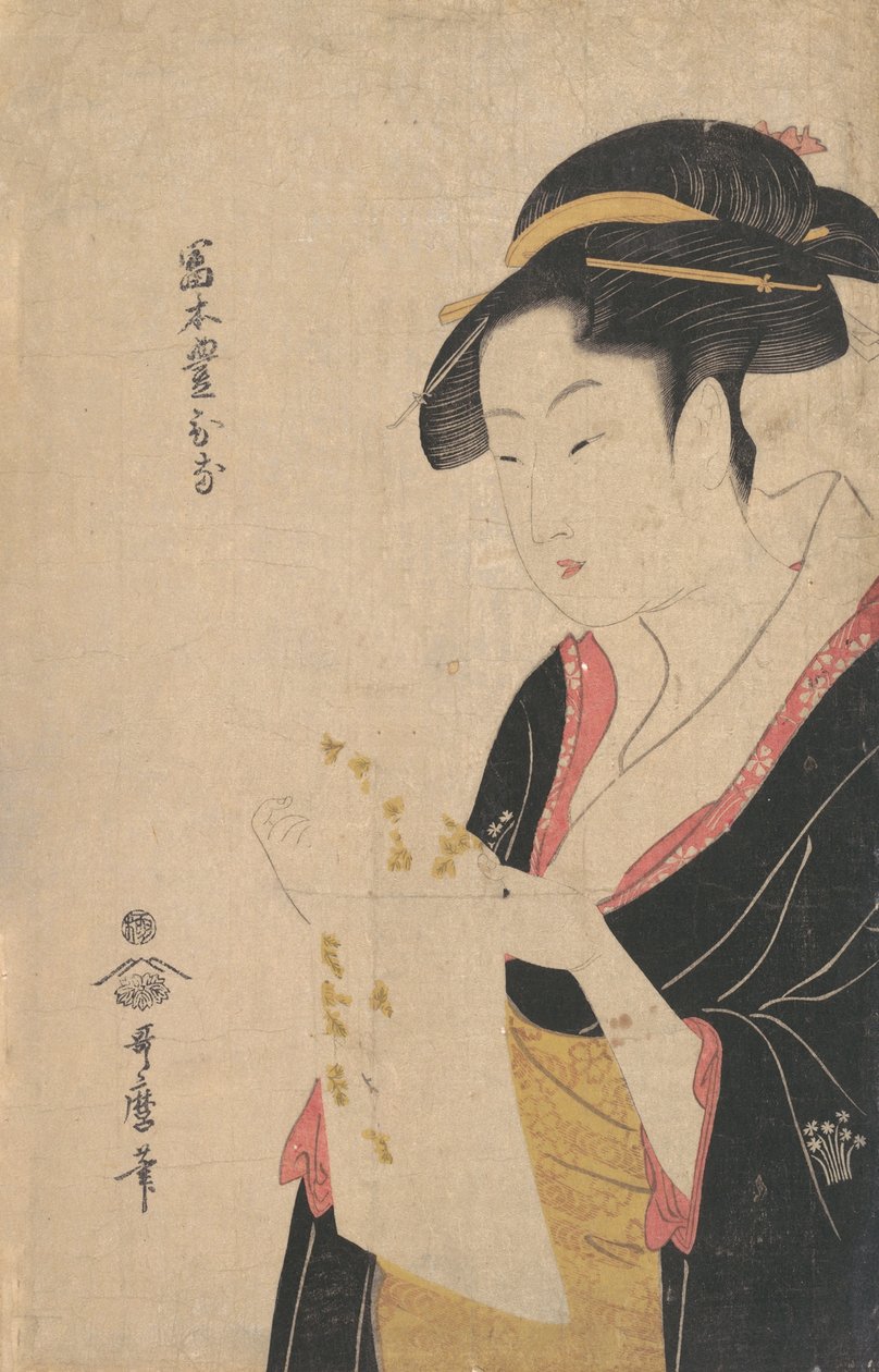 Lady Tomimoto Toyohina czytająca list, 1790. autorstwa Kitagawa Utamaro