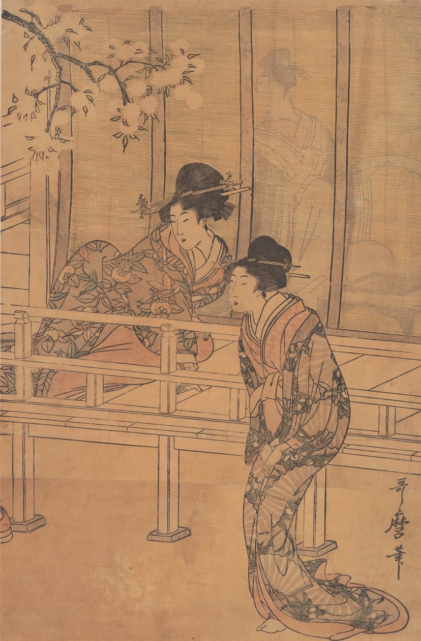 Pani Rokujo odwiedzana przez księżniczkę Aoi, ca. 1805. autorstwa Kitagawa Utamaro