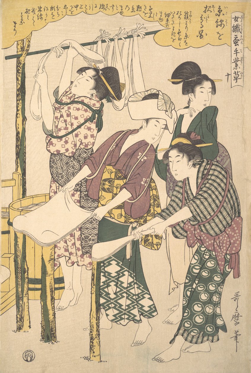 Wytwarzanie nici jedwabnej, ca. 1790. autorstwa Kitagawa Utamaro
