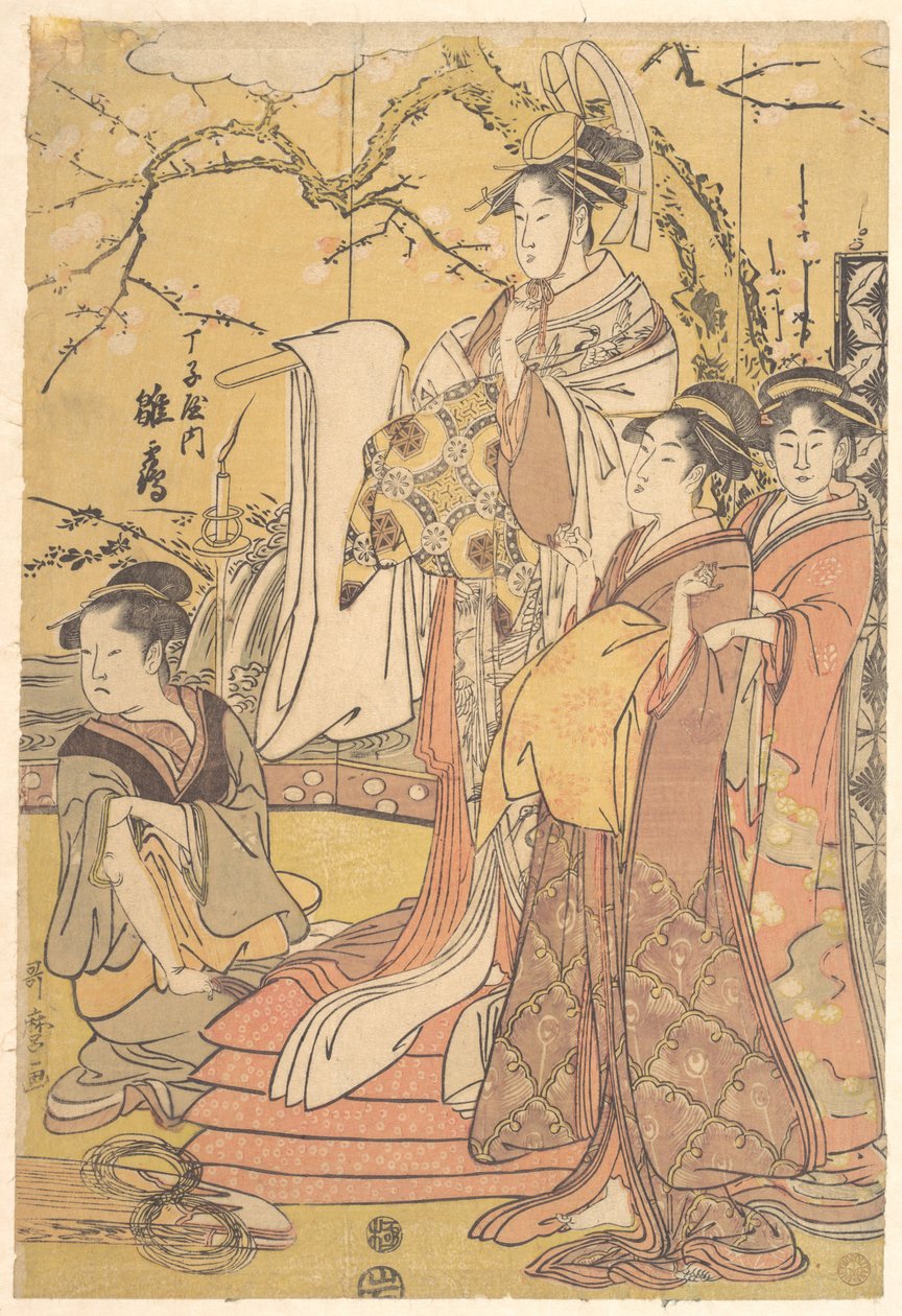 Oiran Hinazuru z Chojiya stojąca na stosie futonów autorstwa Kitagawa Utamaro