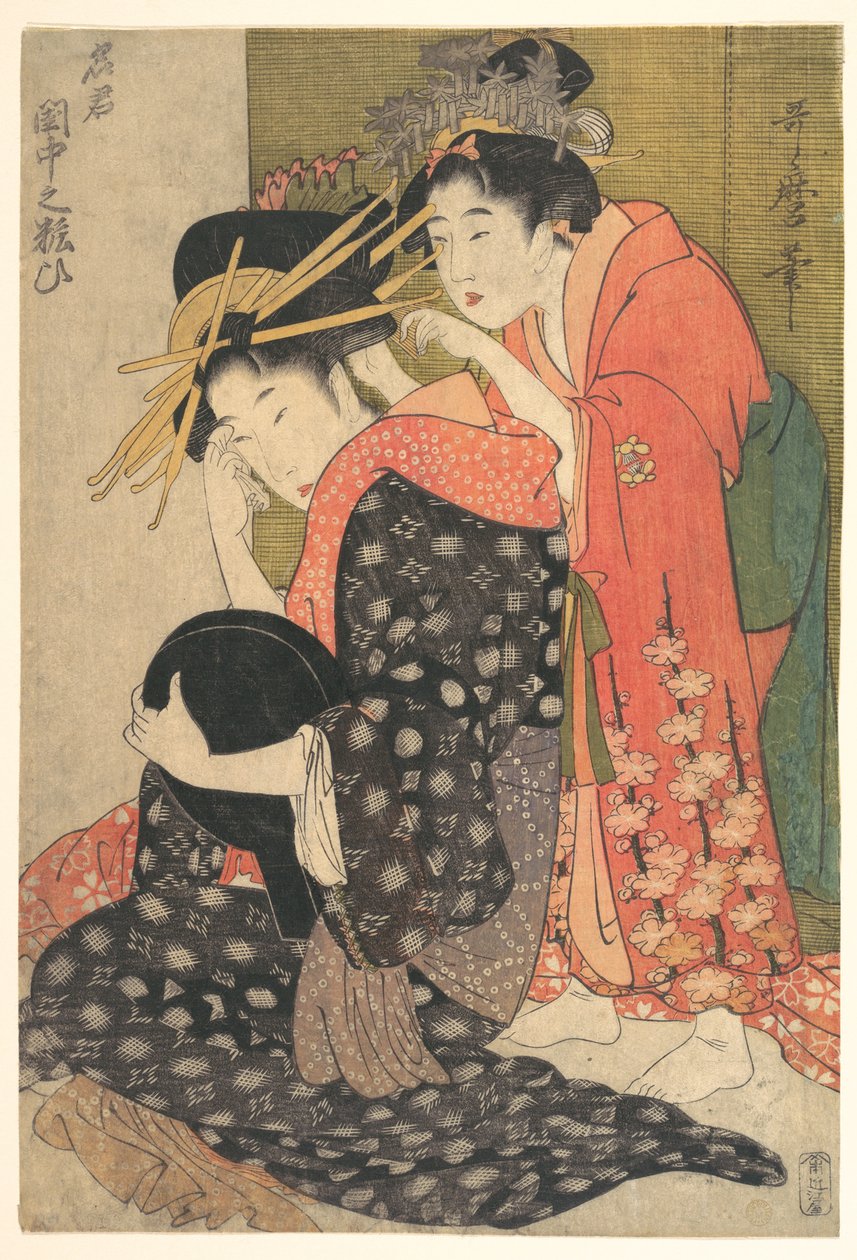 Oiran Yoso-oi siedząca przy toaletce autorstwa Kitagawa Utamaro