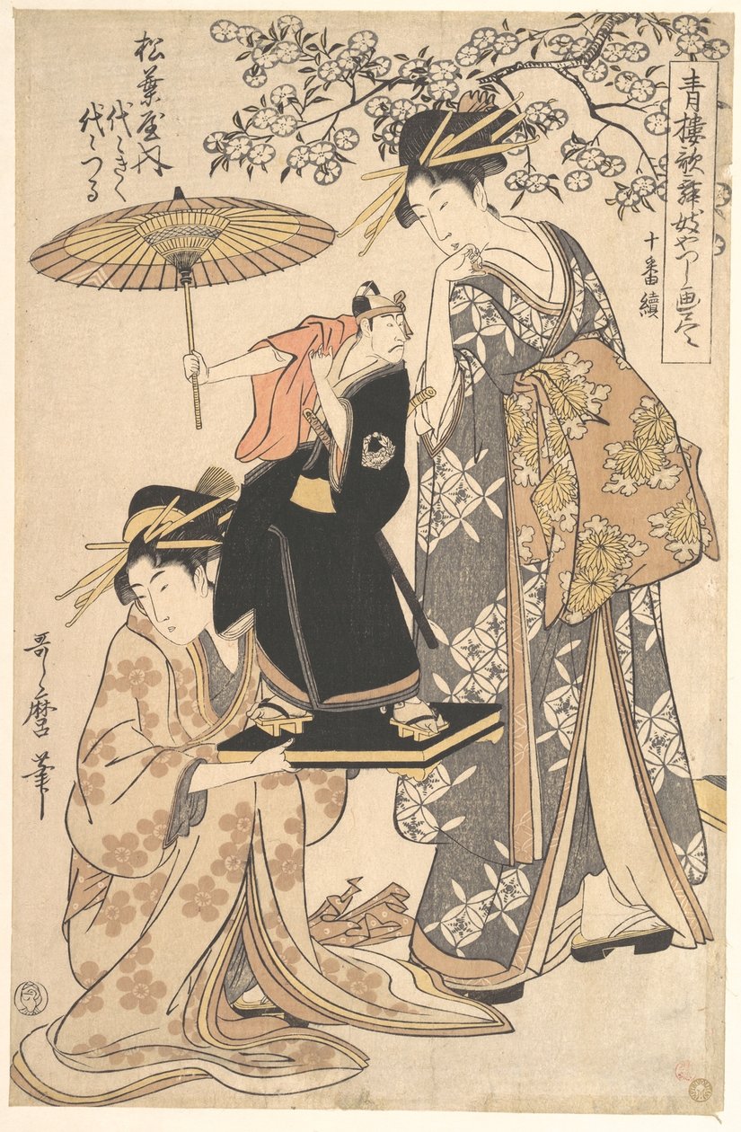 Oiran Yoyogiku z Matsubaya stojąca pod drzewem wiśniowym autorstwa Kitagawa Utamaro
