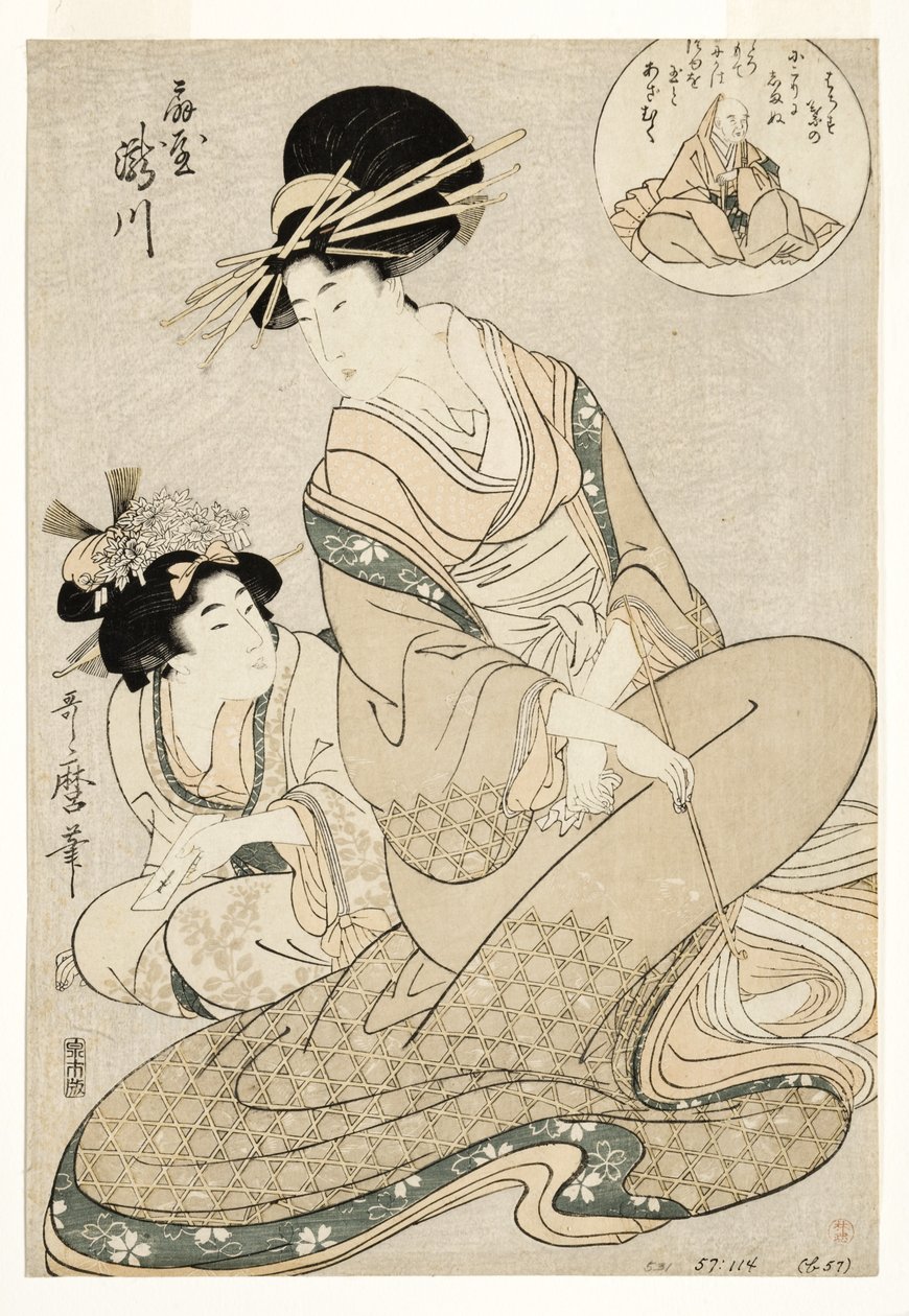 Kurtyzana Takigawa i jej sługa z Ogiya w aluzji do poety, 1800-02 (woodblock) autorstwa Kitagawa Utamaro