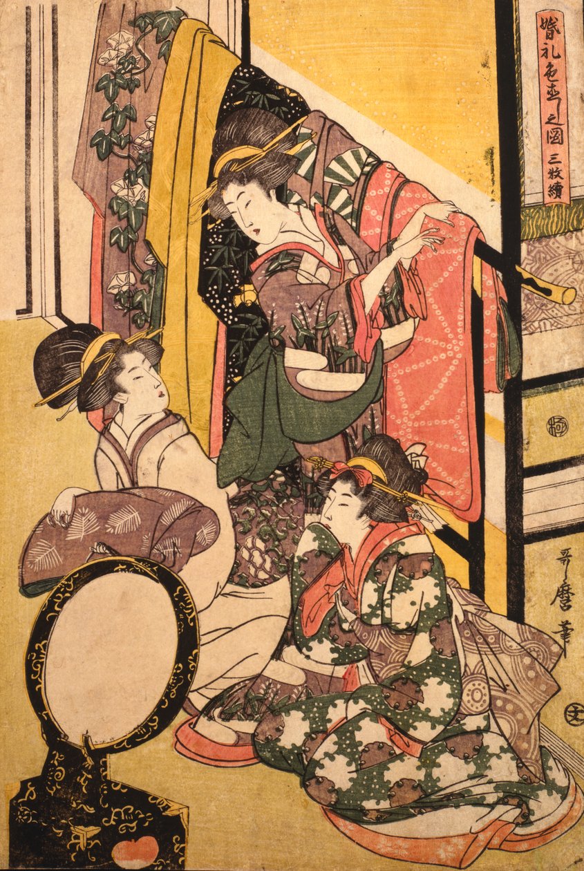 Trzy dziewczyny w sklepie z ubraniami autorstwa Kitagawa Utamaro