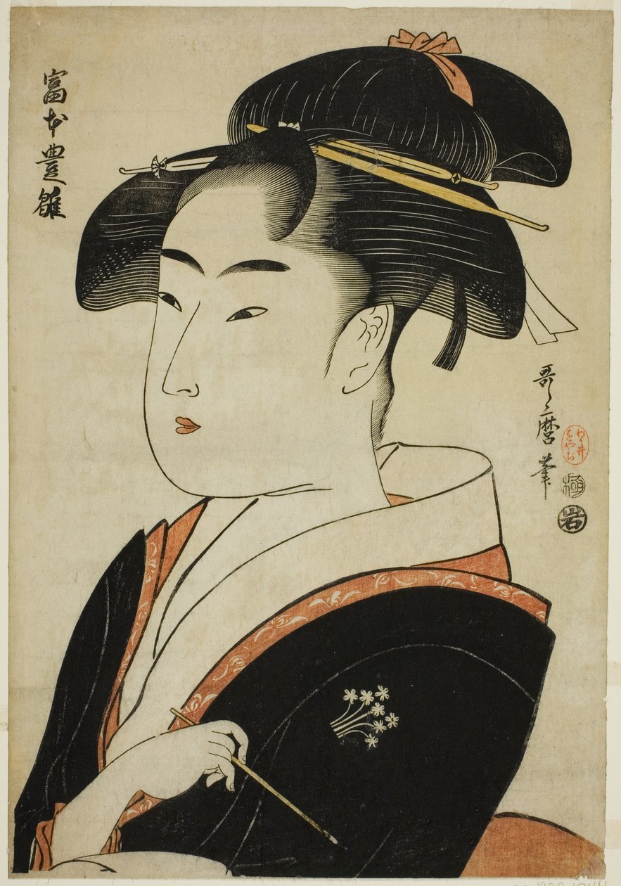 Toyohina Tomimoto, z serii „fa sieci piękności Edo (stara nazwa piękności Edo)” autorstwa Kitagawa Utamaro