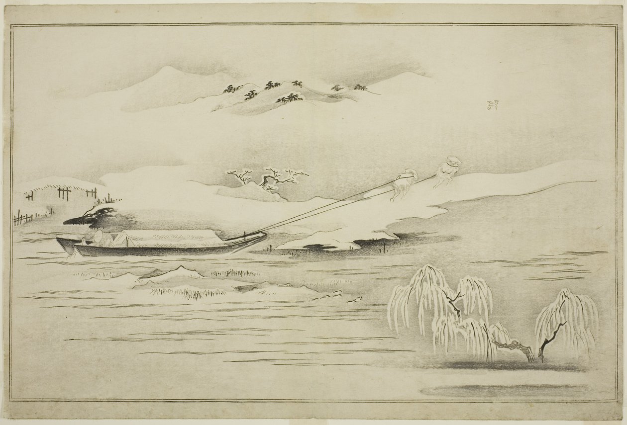 Holowanie barki w śniegu, z albumu The Silver World, 1790 autorstwa Kitagawa Utamaro